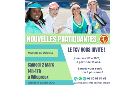 📢Demie journée Nouvelles Pratiquantes le samedi 2 mars 2024 de 14h à 17h au TCV